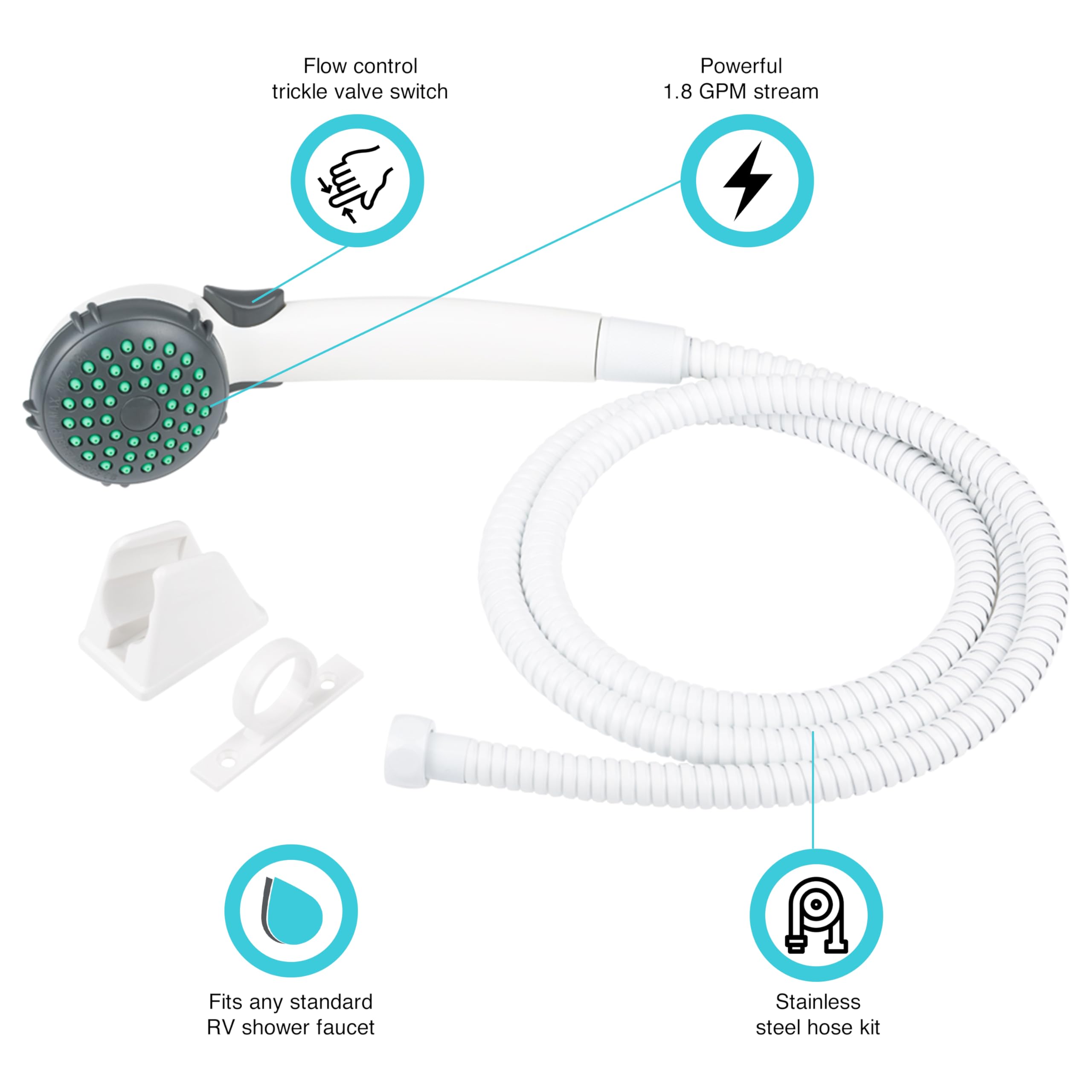 Dura Faucet RV Hand Held Shower Head DF-SA400K-WT, Stainless Steel Hose Kit (White)