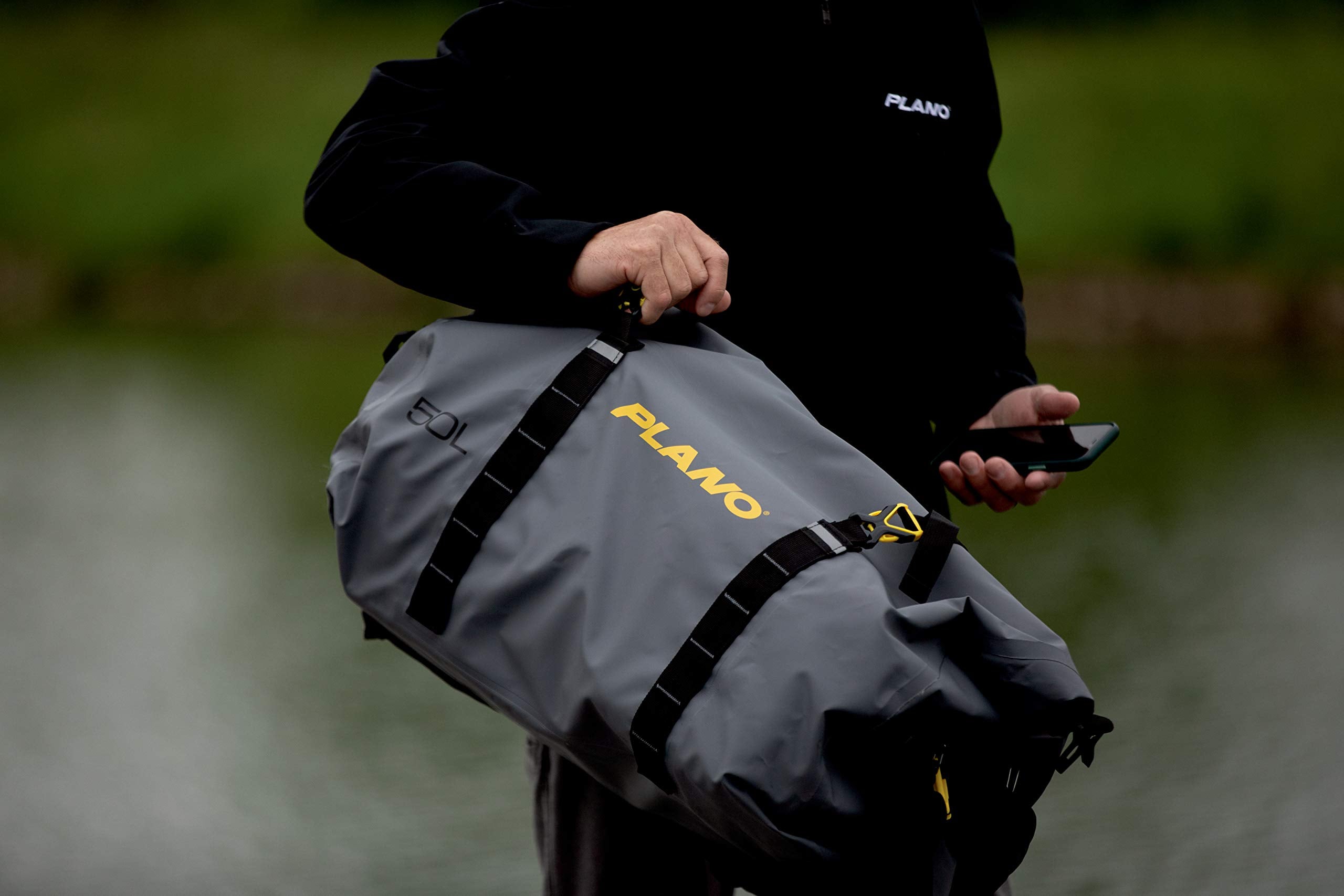 Z-Series Plano Roll-Top Waterproof Duffel with Backpack Straps, Gray with Yellow Accents, 500D PVC Fabric Fishing Dry Bag, Soft Fishing Duffel Bag Storage
