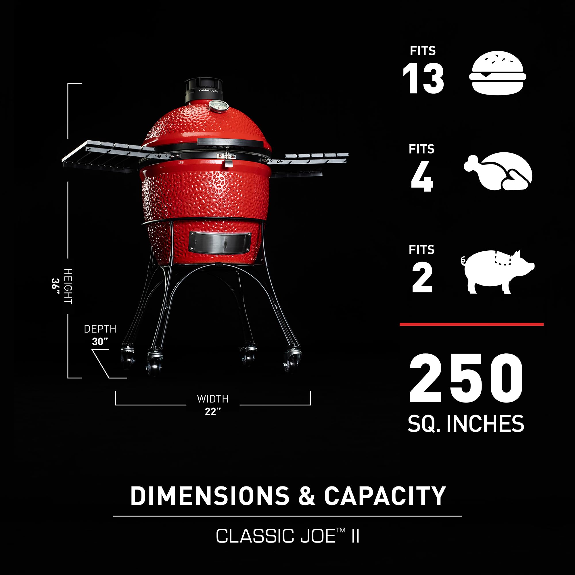 Kamado Joe 18-inch Classic Joe Series II Ceramic Charcoal Grill and Smoker with Cart, Side Shelves, Stainless Steel Grates and 250 Cooking Square Inches in Red, Model KJ-23RHC