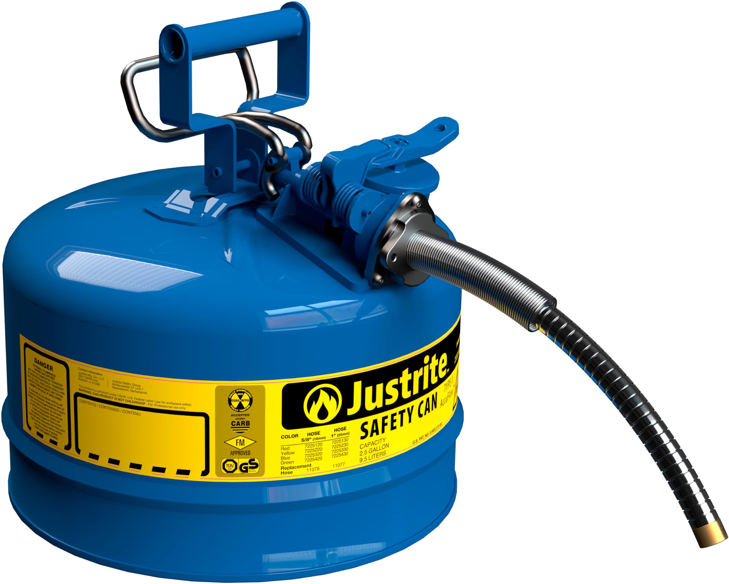 Justrite 2.5 Gallon Blue Type II Safety Can for Kerosene with Flame Arrester, Self-Closing Lid, and 5/8" Flexible Metal Spout, Made in the USA, Galvanized Steel Flammable Storage Can, 7225320