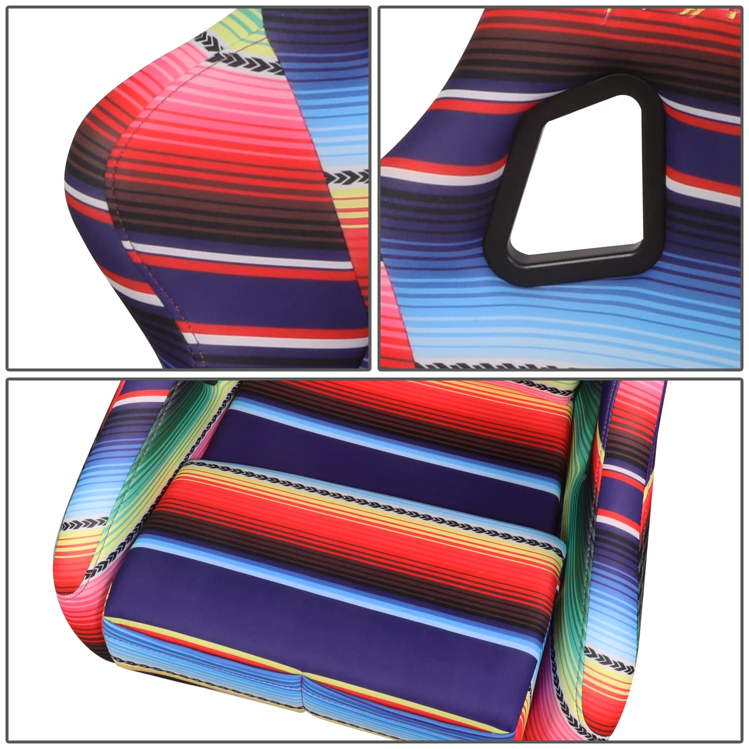 NRG Innovations Prisma NRG-FRP-302-MEXICALI Fixed Back Bucket Racing Seat wBottom Mount, Serape Design/Fresh Red Glitter Back