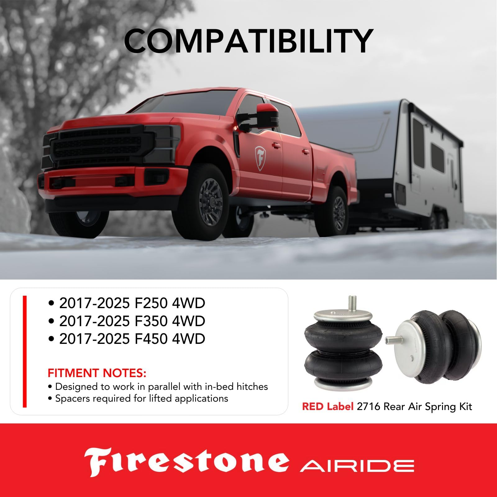 Firestone 2716 Airide RED Label Extreme Duty Rear Air Spring Kit fits 2017-2025 Ford F250 F350 F450 4WD | Up to 7,500 lbs Load-Leveling Capacity | 150 PSI | Easy Installation