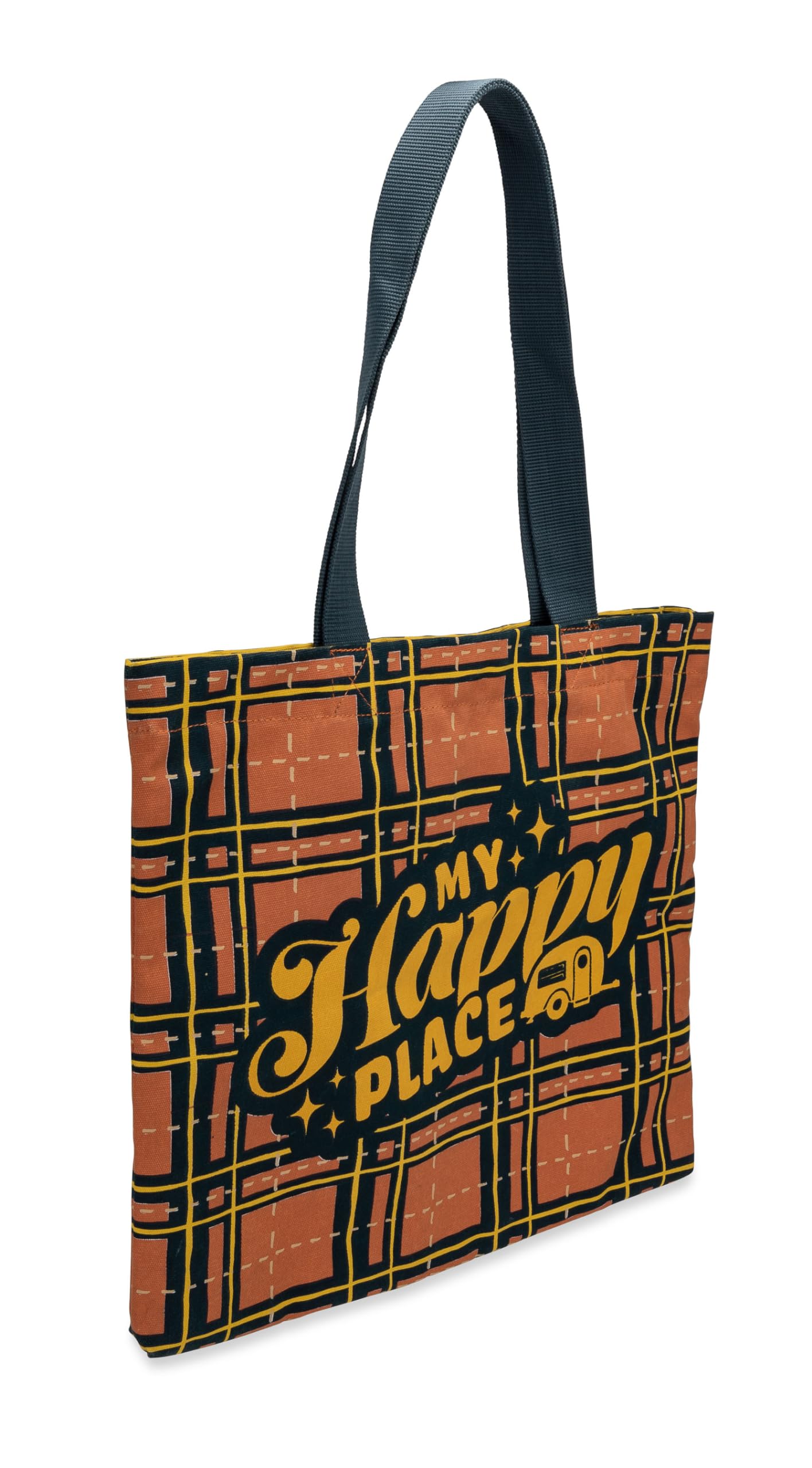 Camco Tote Bag Life is Better at the Campsite | Perfect for Groceries, Shopping or as a Purse | Red Plaid Tote Bag with My Happy Place in Large, Yellow Font (53482)