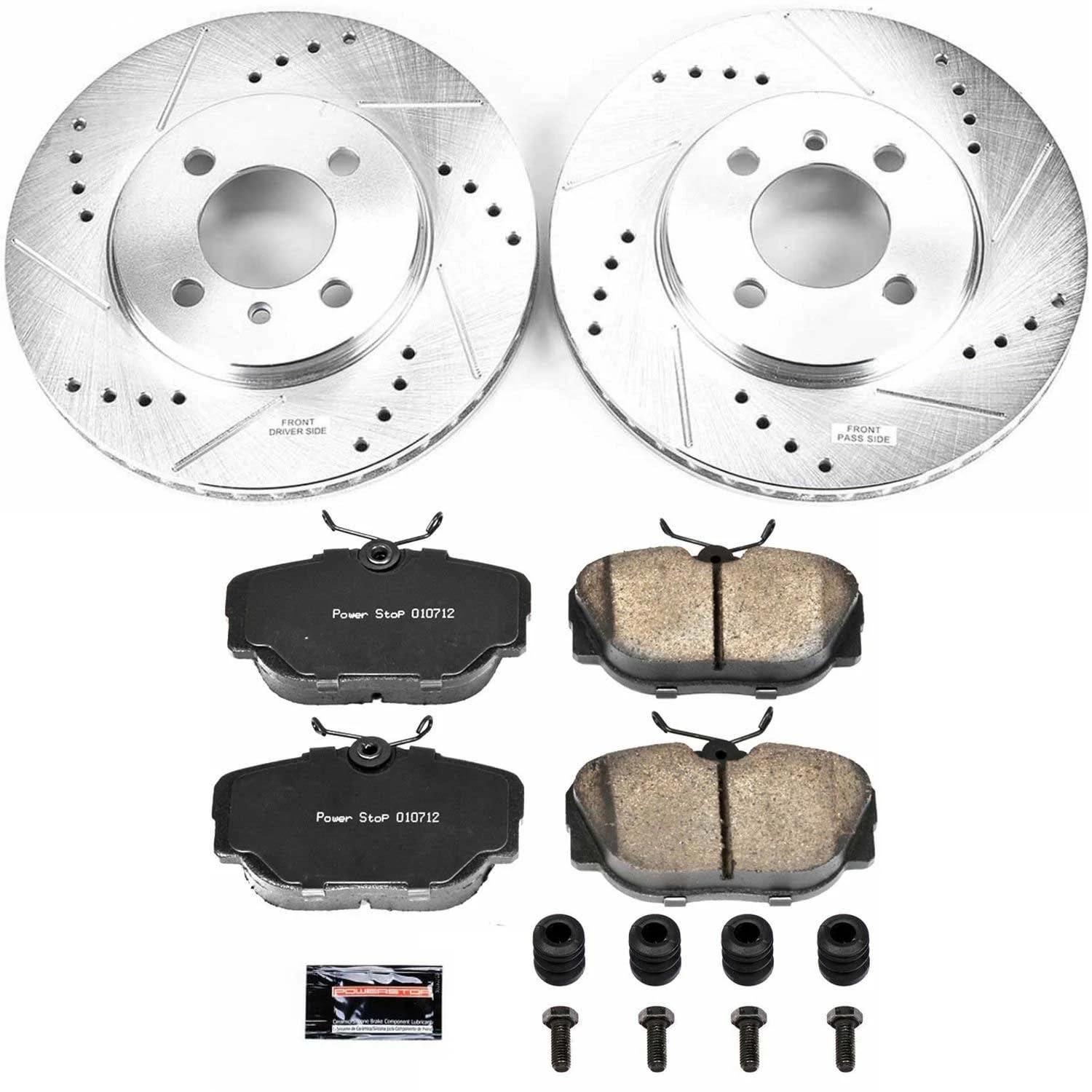 Power Stop K3008 Z23 Carbon Fiber Brake Pads Front with Drilled & Slotted Brake Rotors Kit and 1 Front Sensor Wire For 318i, 318is, 325, 325e, 325es, 325i, 325iX, 325is [Model Specific]