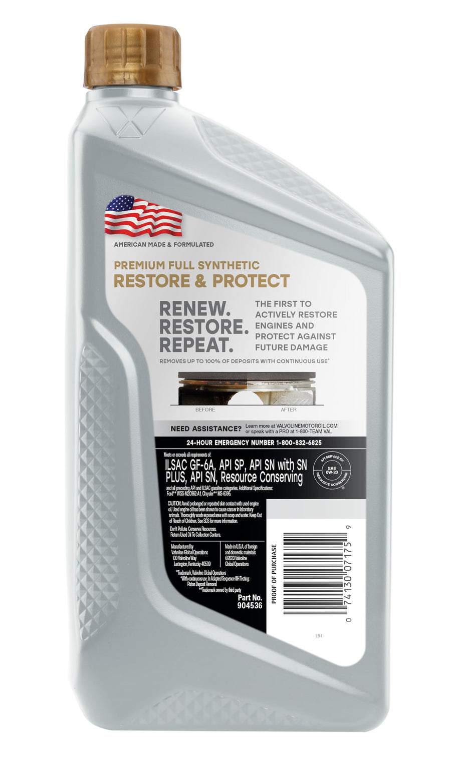 Valvoline Full Synthetic Restore & Protect 0W-20 Motor Oil 1 Quart