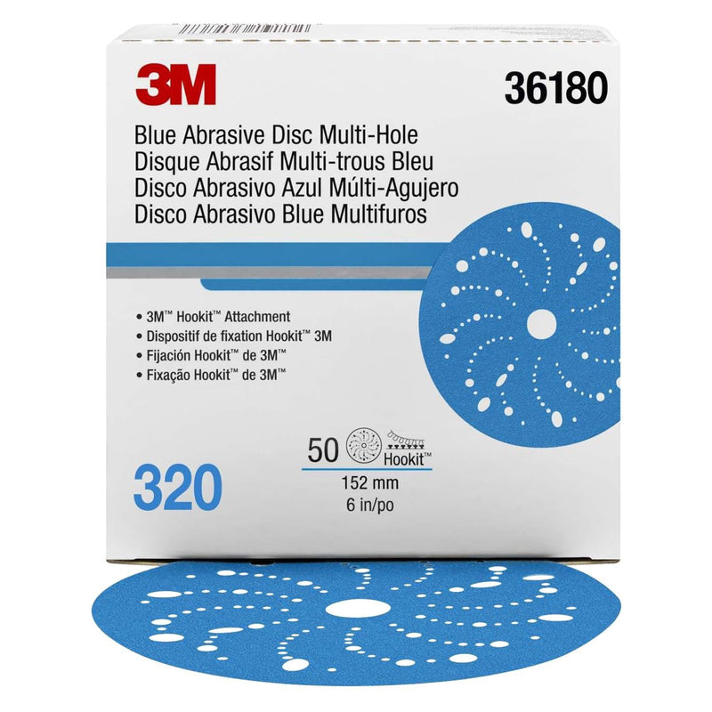 3M Blue Abrasive Discs 36180, Multi-Hole, Featheredging, Primer Sanding, Paint Preparation, 6 in, 320 Grade, 50 Discs/Carton 3M AMAPR