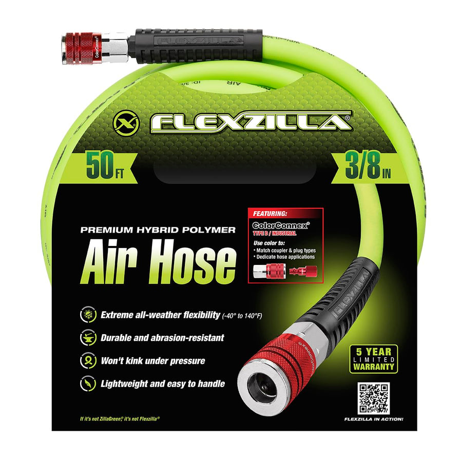 Air Hose Flexzilla with ColorConnex Industrial Type D Coupler and Plug, 3/8 in. x 50 ft., Heavy Duty, Lightweight, Hybrid, ZillaGreen - HFZ3850YW2-D