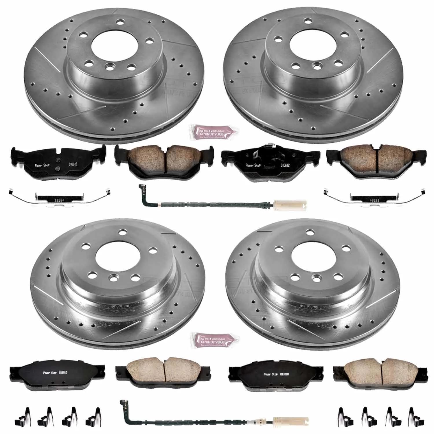 Power Stop K4105 Z23 Carbon Fiber Brake Pads Front and Rear with Drilled & Slotted Brake Rotors Kit and 1 Front & 1 Rear Sensor Wires