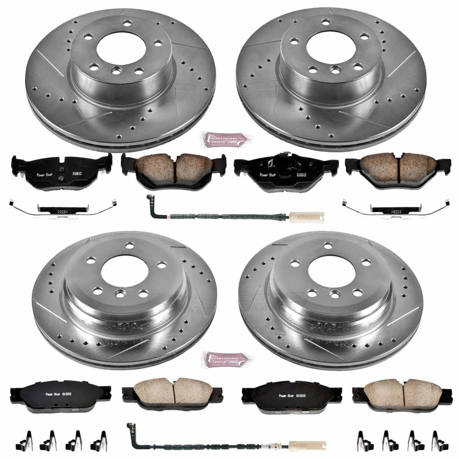Power Stop K4105 Z23 Carbon Fiber Brake Pads Front and Rear with Drilled & Slotted Brake Rotors Kit and 1 Front & 1 Rear Sensor Wires