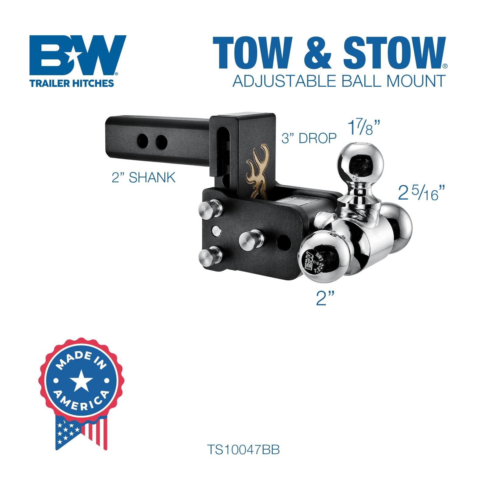 Browning Logo B&W Trailer Hitches Tow & Stow Adjustable Trailer Hitch Ball Mount - Fits 2" Receiver, Tri-Ball (1-7/8" x 2" x 2-5/16"), 3" Drop, 10,000 GTW - TS10047BB