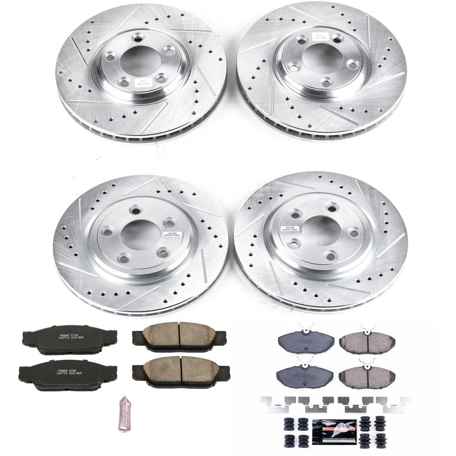 Power Stop K7937 Z23 Carbon Fiber Brake Pads Front and Rear with Drilled & Slotted Brake Rotors Kit For Ford Thunderbird 2002-2005, Lincoln LS 2000-2006 [Model Specific]