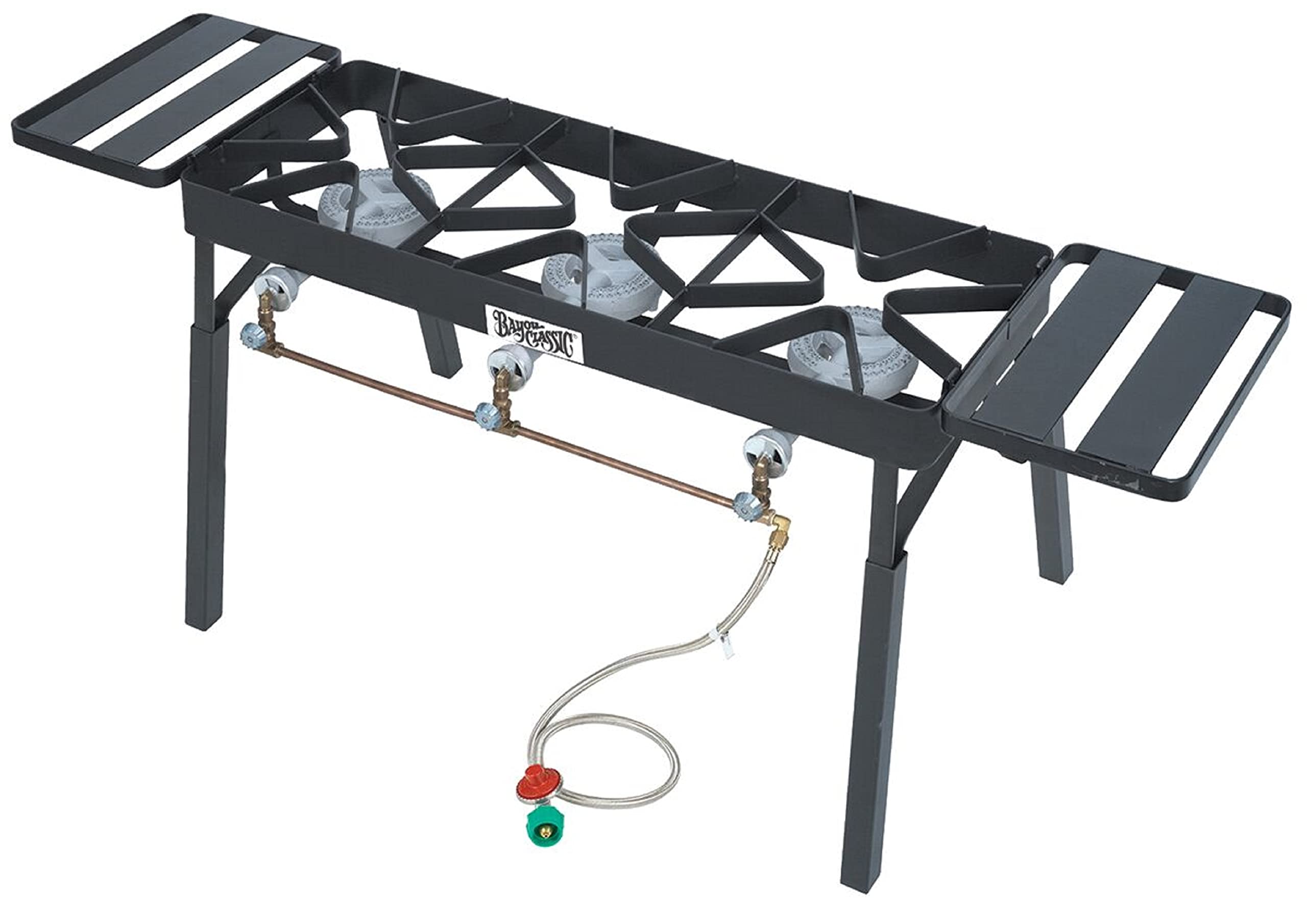 Bayou Classic Triple Burner Outdoor Patio Stove Features 13-in Tall Welded Steel Frame Three 6-in High Pressure Burners Brass Manifold w/ Three Brass Control Valves