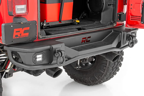 Rough Country Rear Tubular Bumper with LED Lights for Jeep Wrangler JK & Unlimited (2007-2018) - Includes Dual 2" Flush Mount LED Cubes, D-Rings
