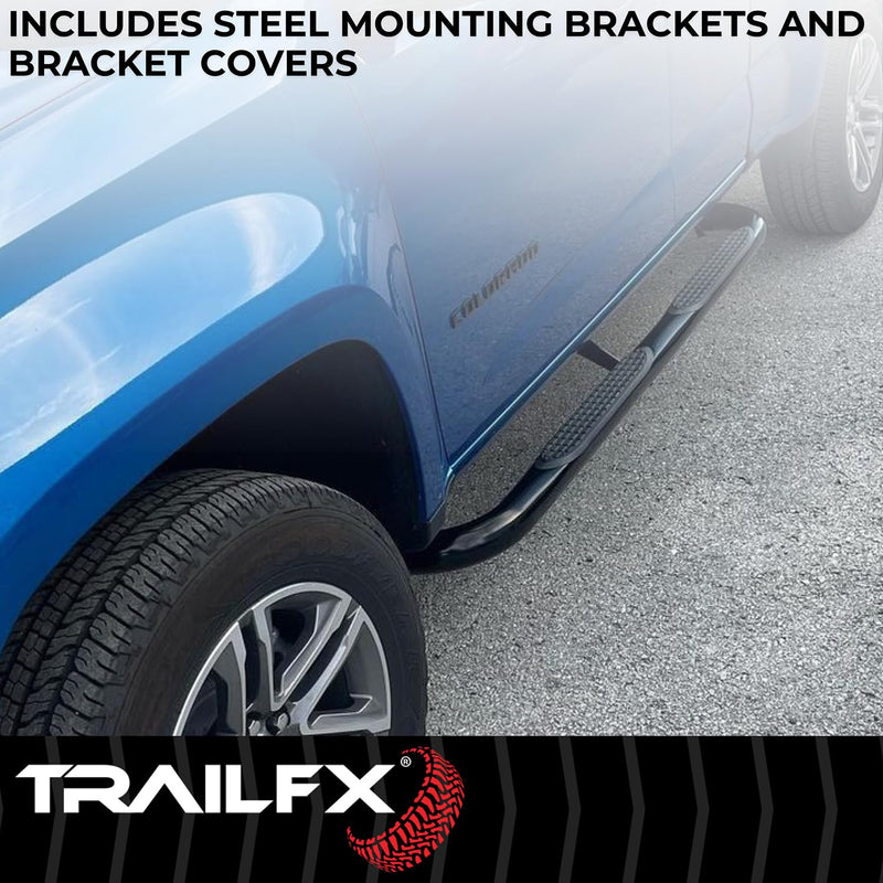 Nerf Bar TrailFX A0069T, 3 Inch Round Bent, Black Powder Coated, with Step Pads, W/O End Caps, Rocker Panel Mount, Fits 2025 Toyota 4Runner (Will Not Fit Models with Lower Rocker Panel Extensions)