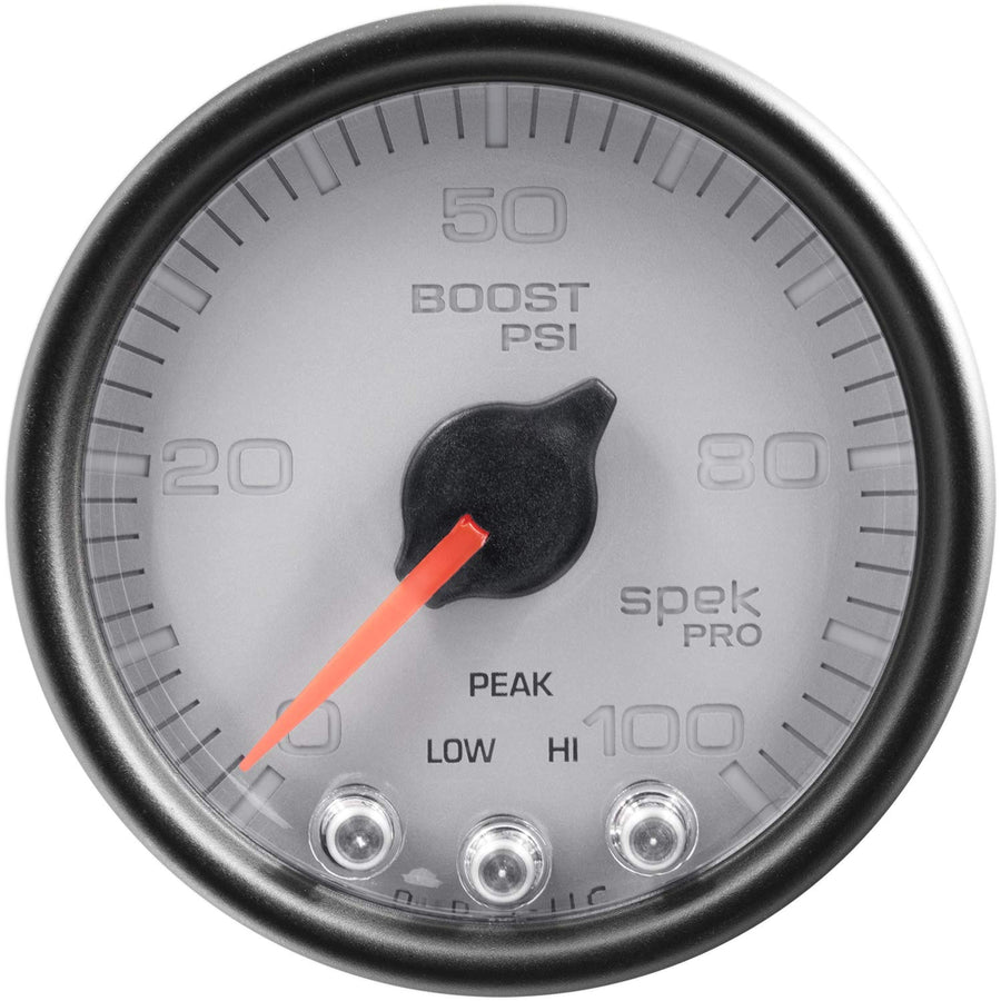 Auto Meter Gauge P30522, Boost, 2 1/16", 100Psi, Stepper Motor W/Peak & Warn, Slvr/Blk, Spek-Pro