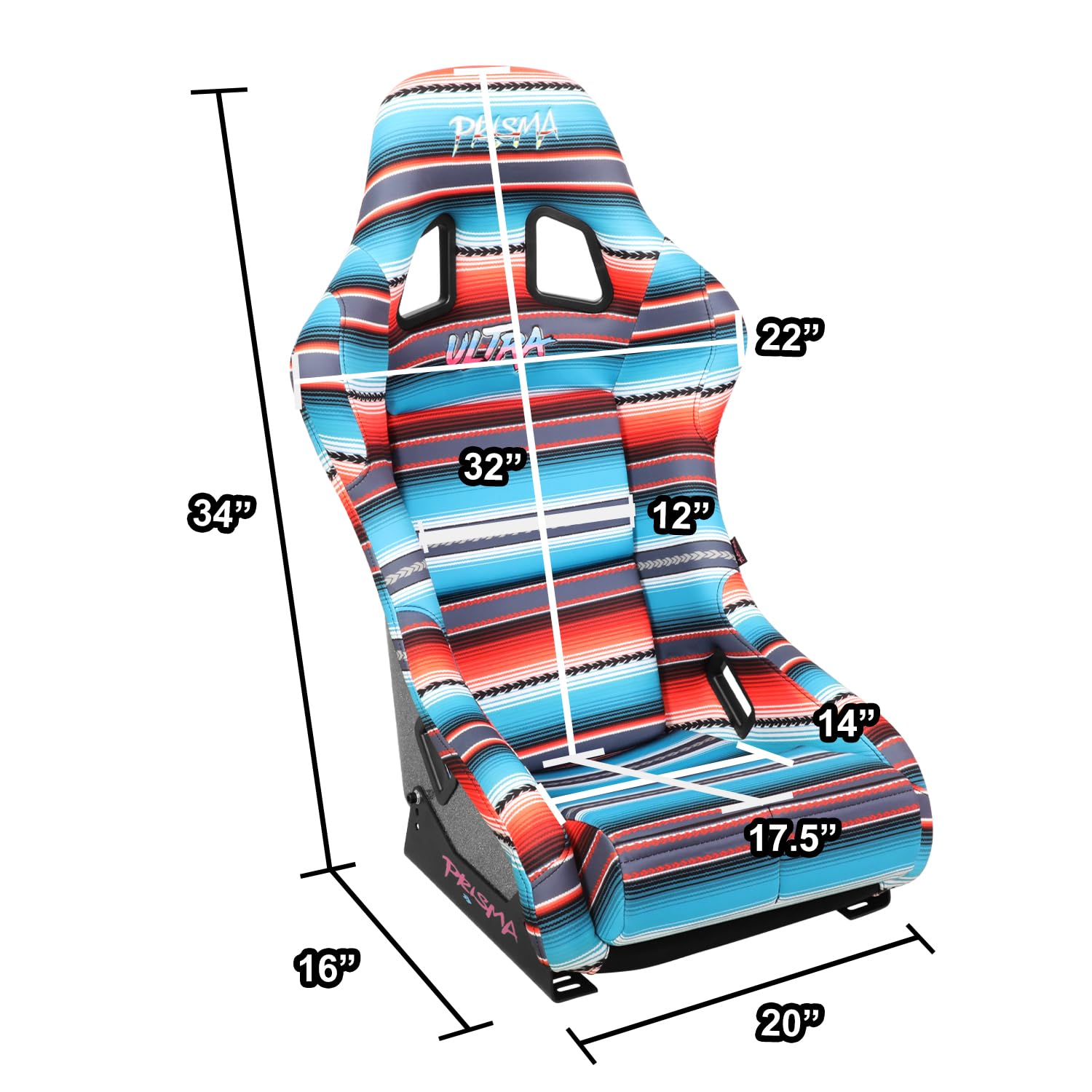 NRG Innovations Fixed Back Bucket Racing Seat Prisma with Bottom Mount Bracket, 22" W X 34" H X 16" D, Red White Blue Black Pink Serape Print, FRP-303-BAJACALI