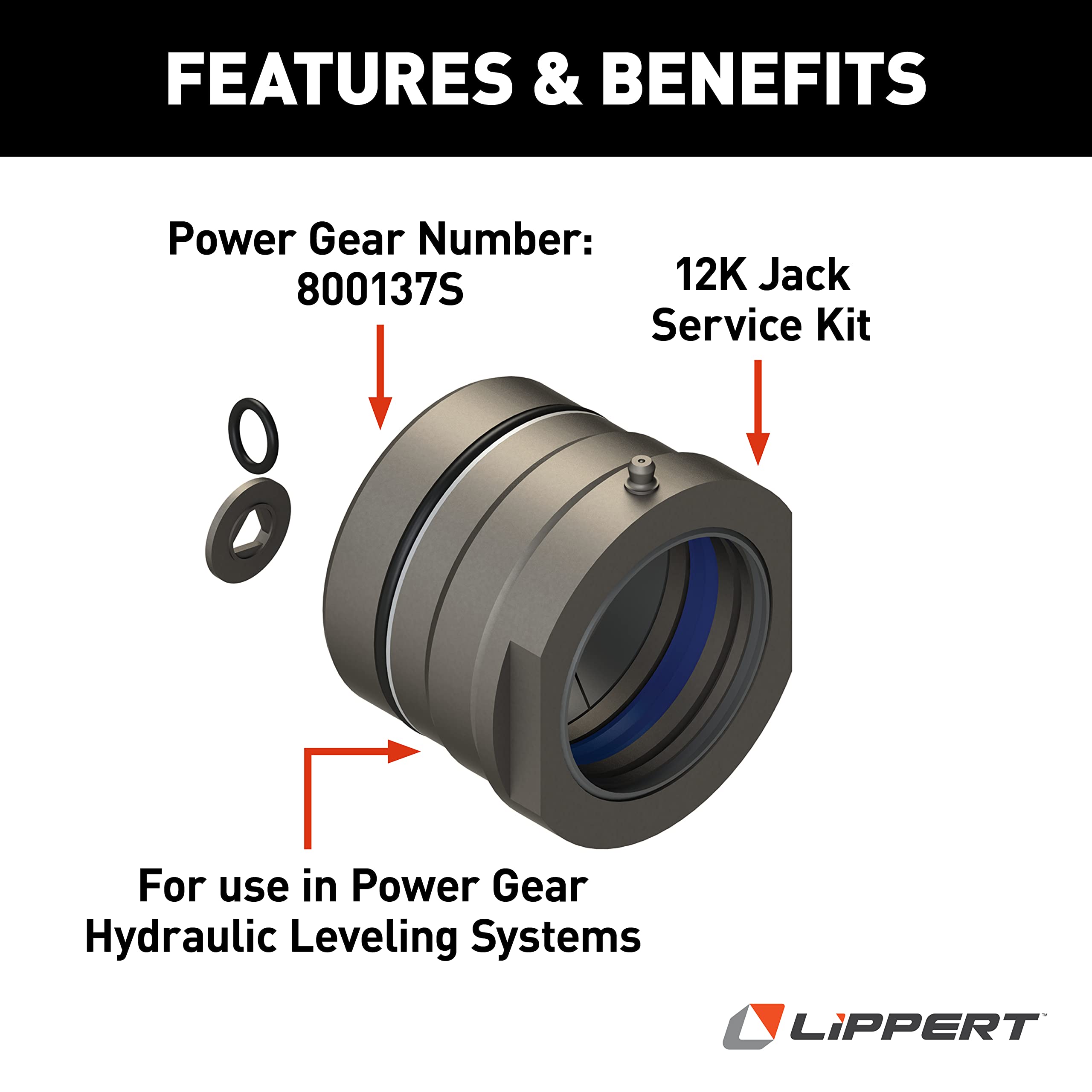 12K Jack Service Kit Power Gear Leveling — for 2003 and Prior — Includes O-Rings, Rod Guide Cylinder, Rod Wear Ring, Rod Wiper, Rod Seal, Back Up Ring, Grease Fitting, and Thread Seal - 359460