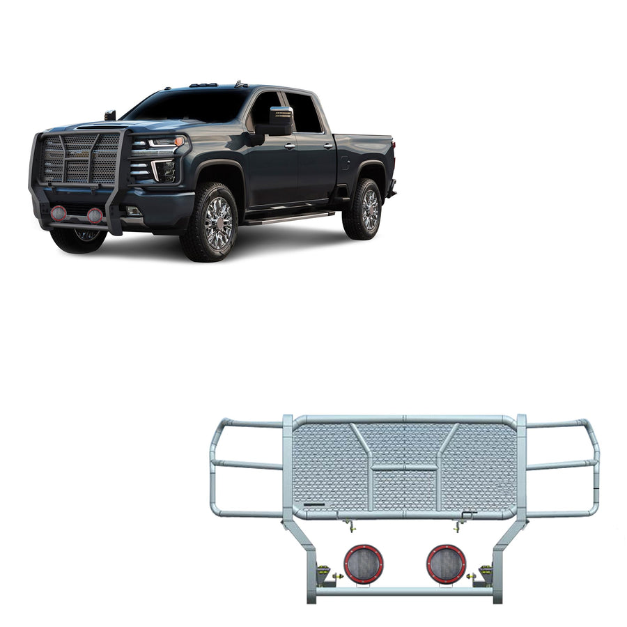 Heavy Duty Black Horse Rugged Grille Brush Bumper Guard Modular Come with Pair of 5.3" Dia.LED Lights with Red Trim Rings Compatible with 2020-2024 Silverado 3500 HD/2500 HD-RU-CHSI30-B-PLFR