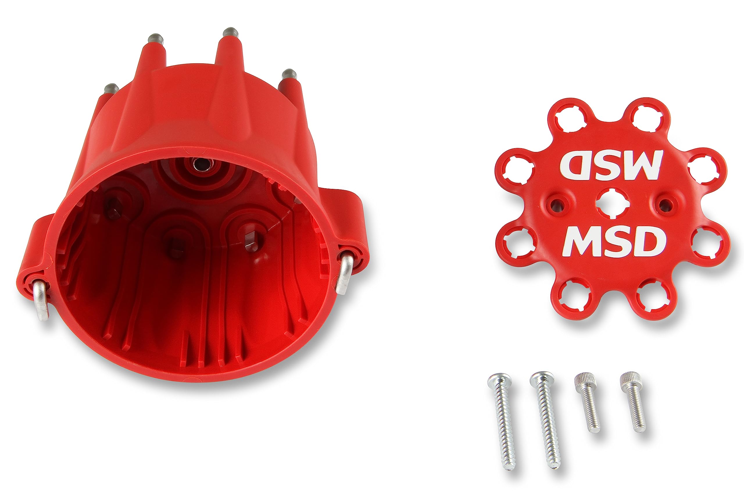 Red MSD 8433 V8 Distributor Cap With HEI Terminals and Spark Plug Wire Retainer