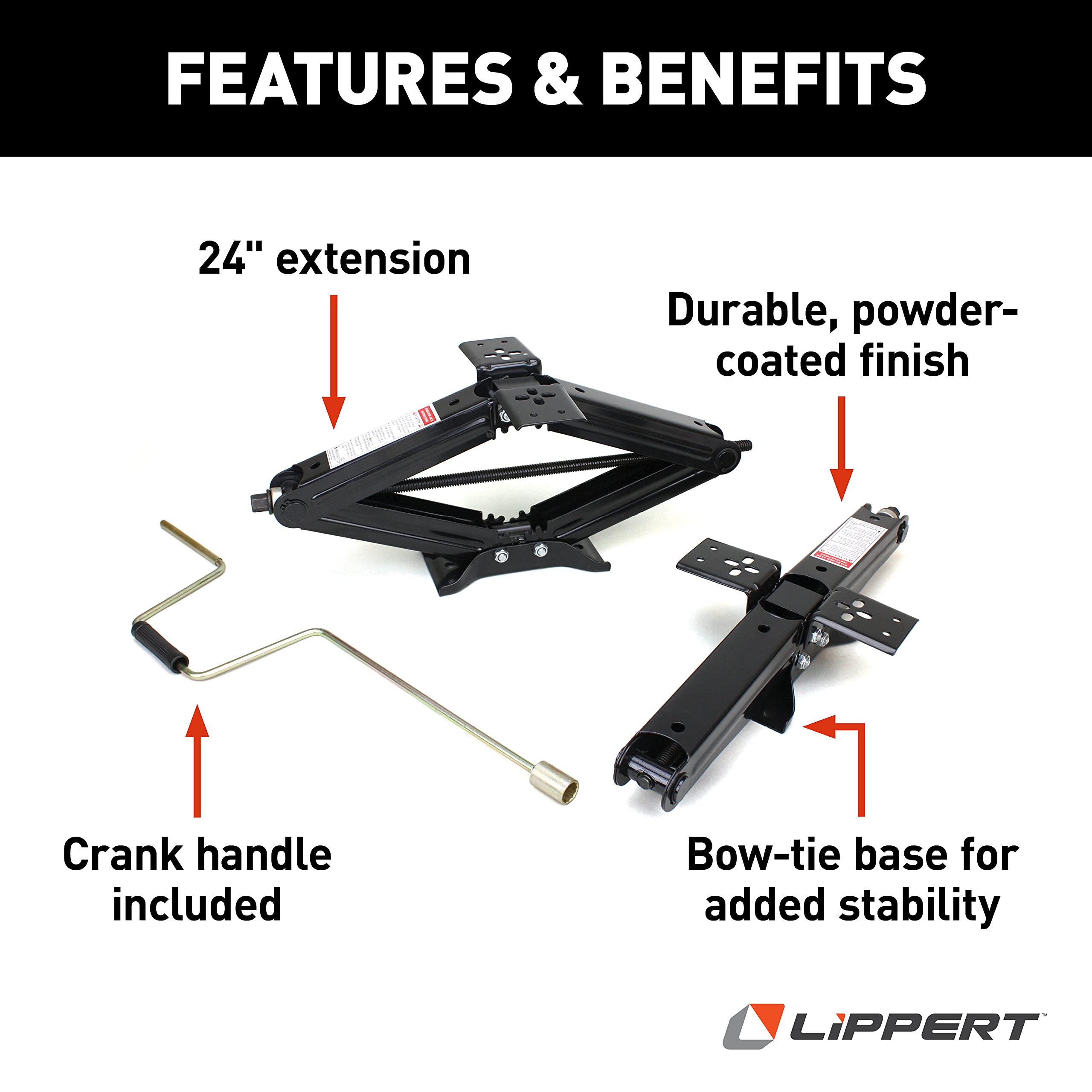 Lippert RV Manual Scissor Jacks Kit 2-Pack for RV Travel Trailer Campers, Utility Trailers, 24" Extended, 5,000 lbs. Load Capacity Per Jack, Stable Base, 4-1/4" Retracted, Crank Handle - 285326