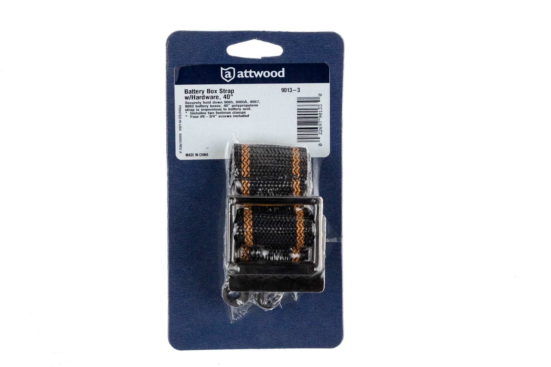 Battery Box Hold-Down Strap Kit Attwood 9013-3 — Medium, Strap with Firm-Grip Buckles, Footman Clamps, Screws Included