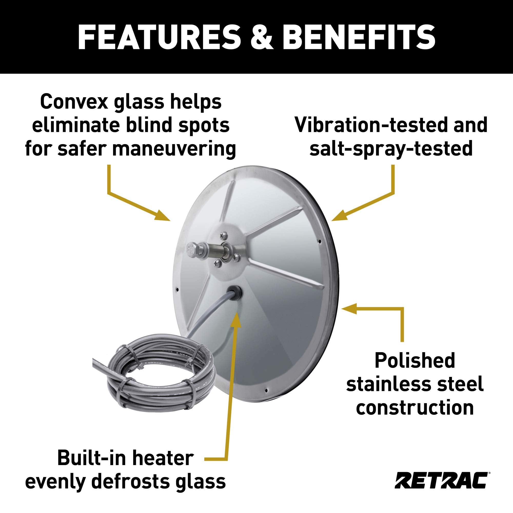 8-Inch RETRAC Stainless Steel Offset-Mount Heated Convex Mirror Head, Universal Driver or Passenger Side