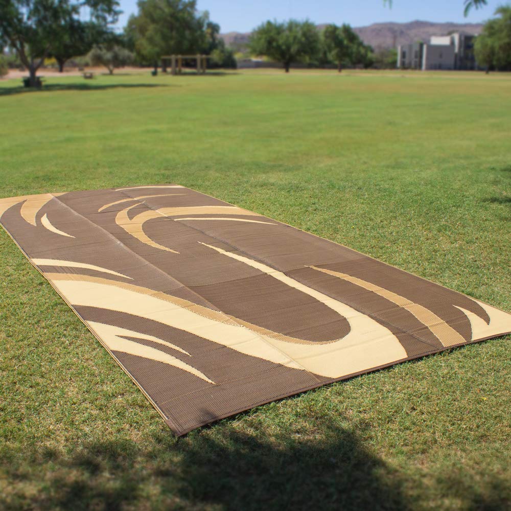 Camping Stylish SD8187 8-Feet x 18-Feet Graphic Swish RV Reversible Patio Mat, Brown/Tan