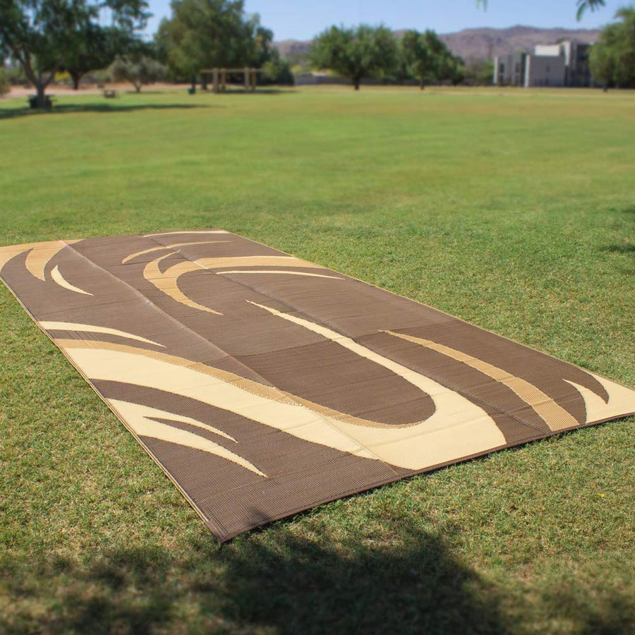 Camping Stylish SD8187 8-Feet x 18-Feet Graphic Swish RV Reversible Patio Mat, Brown/Tan
