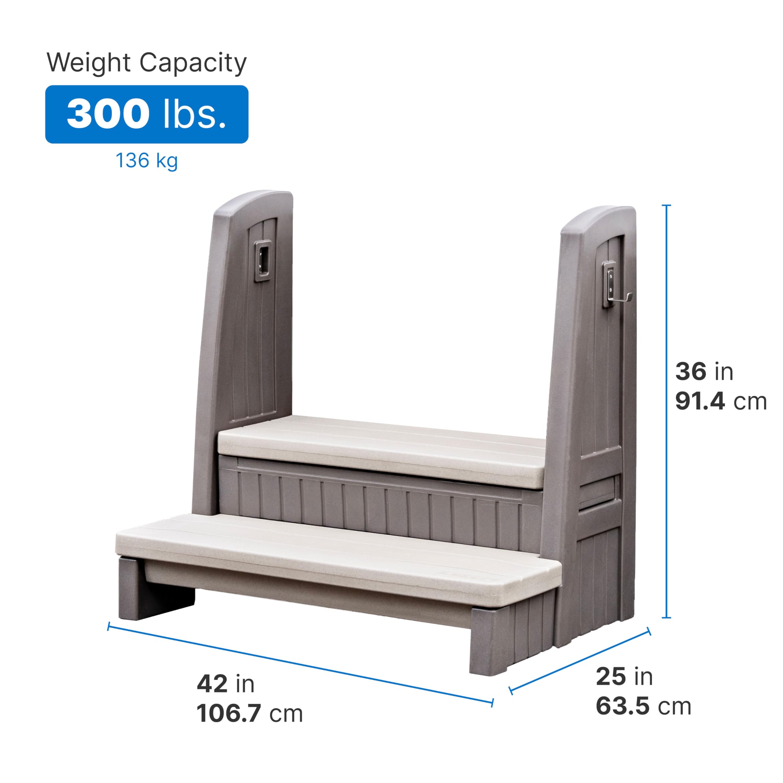 Step2 Storage Hot Tub Steps with Handrails, 2-Step Stool, Waterproof Stairs for Outdoor/Indoor Pool or Jacuzzi, Made of Durable Plastic, Dark Cedar