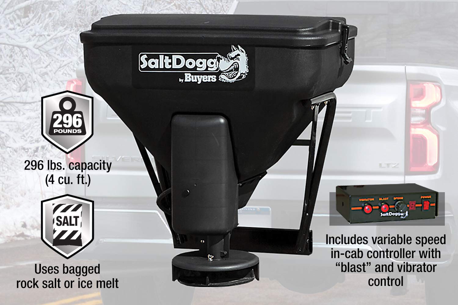 SaltDogg Buyers Products TGS02 Tailgate Salt Spreader, Made In The USA, 4.0 cu ft/300lbs Capacity, Horizontal Auger Feed, Salt Spreader For Residential & Light Commercial Work
