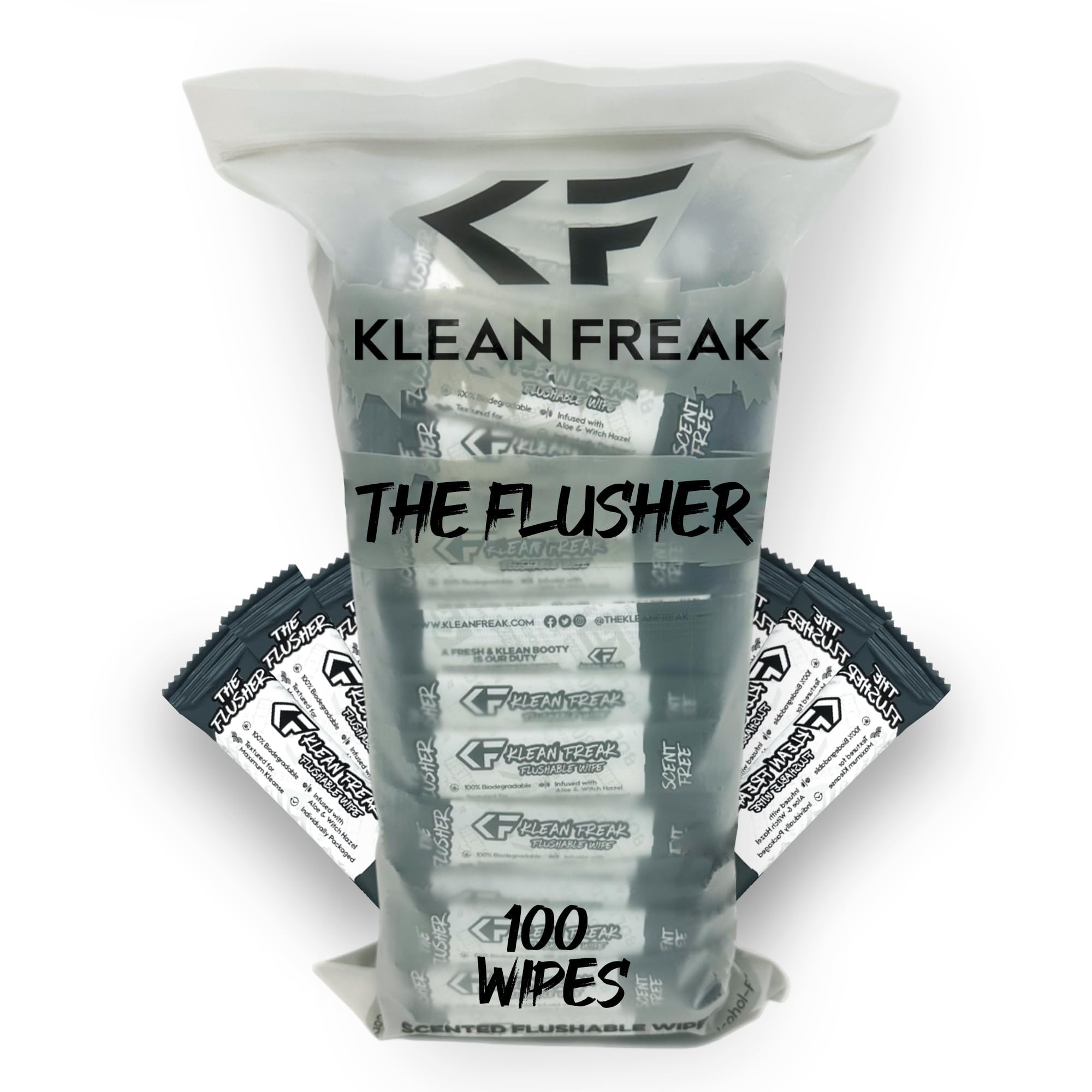 FLUSHABLE WIPES THE KLEAN FREAK FLUSHER - 100 Pack Flushable Wipes For Adults & Kids Unscented/Scented - 100% BIODEGRADABLE Individual Wrapped Travel WET Wipe for Toilet - Scent Free
