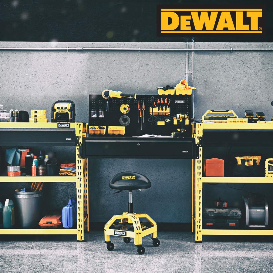Heavy Duty DEWALT Adjustable Rolling Shop Stool, 360-degree Swivel Industrial Garage Stool with Padded Seat, Storage Shelf, Removable Wheels