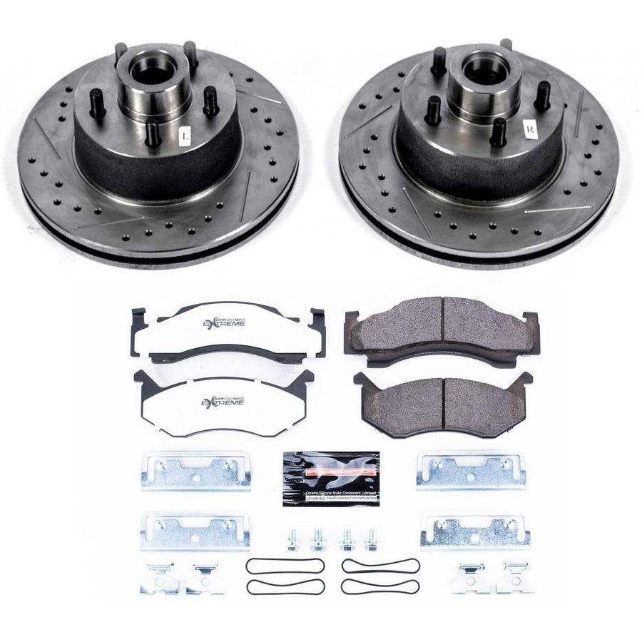 Front Brake Kit Power Stop For 1980 1981 Chrysler Town & Country - Truck & Tow Carbon Fiber Ceramic Brake Pads & Drilled and Slotted Rotors Replacement, K8079-36