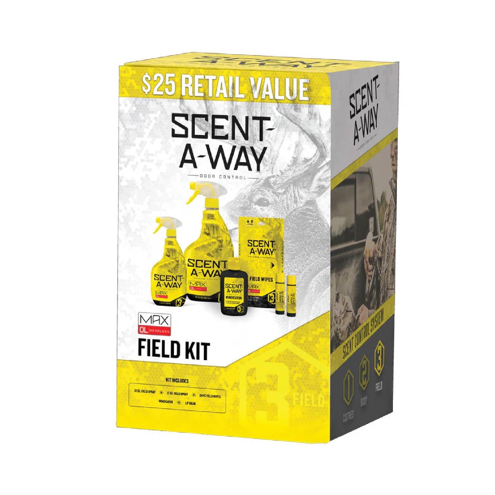 Scent-A-Way MAX Hunters Specialties Odorless Field Kit - 32 Oz Field Spray, 12 Oz Field Spray, 24 Pack Field Wipes, 2 Pack Lip Balm, Windicator