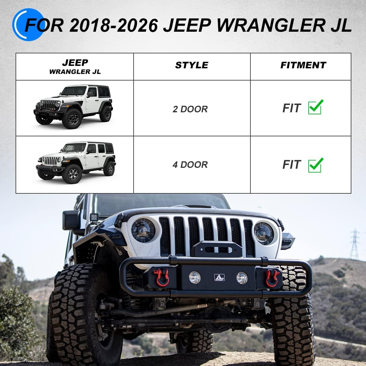 Front Bumper WolfX Fit For 2007-2018 Jeep Wrangler JK/JKU Retractable Front Bumper For 2018-2026 Jeep Wrangler JL/JLU, Steel Bumper For 2019-2026 Gladiator JT w/ 2 x D-Ring Shackles