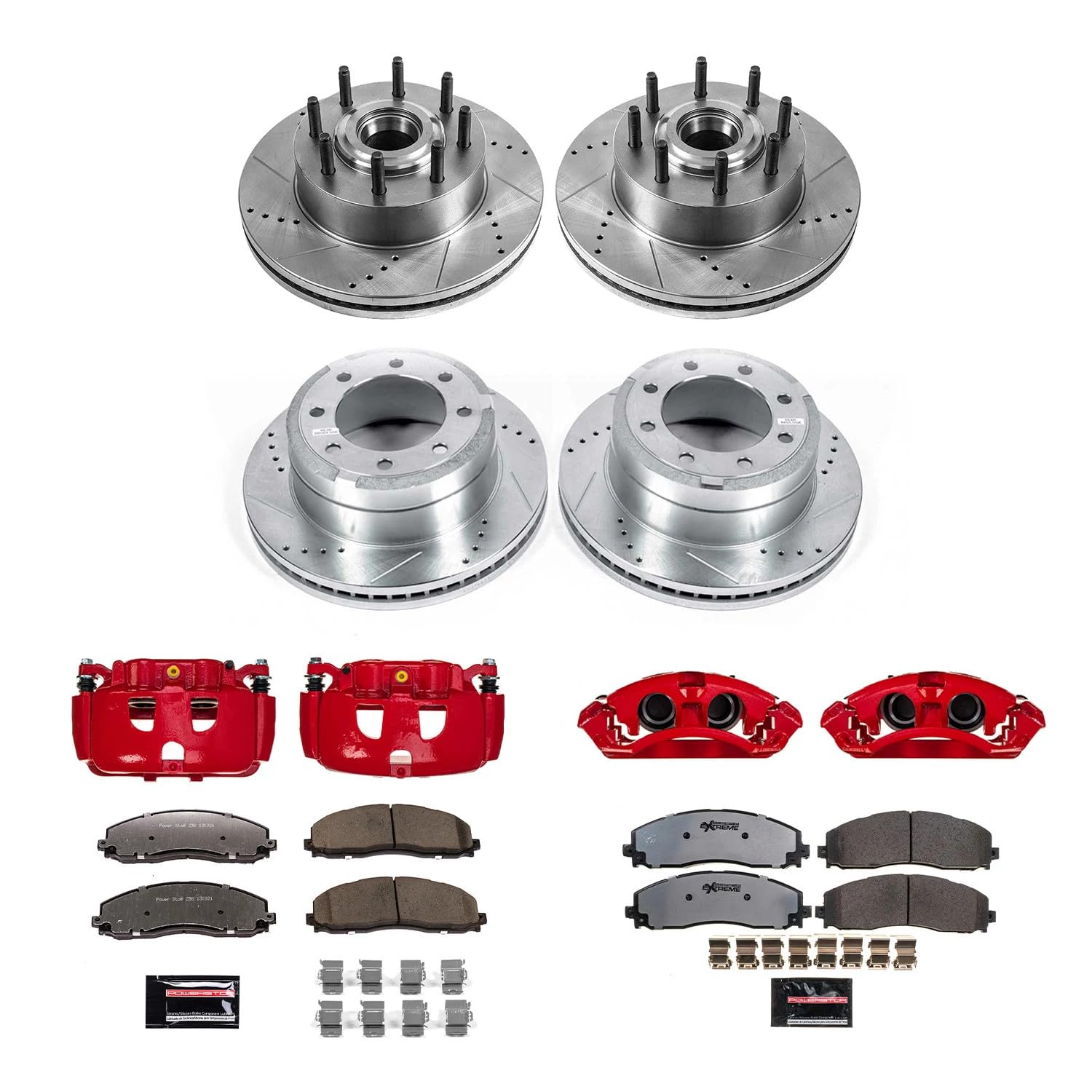 Power Stop KC6820A-36 Front and Rear Z36 Truck and Tow Brake Pad and Rotor Kit with Red Powder Coated Calipers