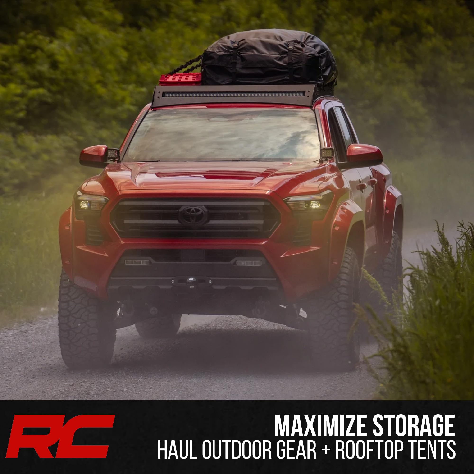 Roof Rack Rough Country with 40" LED Light Bar for Toyota Tacoma (2024–2025) - Heavy-Duty Cargo Rack with Slotted Cross Rails & 250 lb Capacity, No-Drill Bolt-On Installation