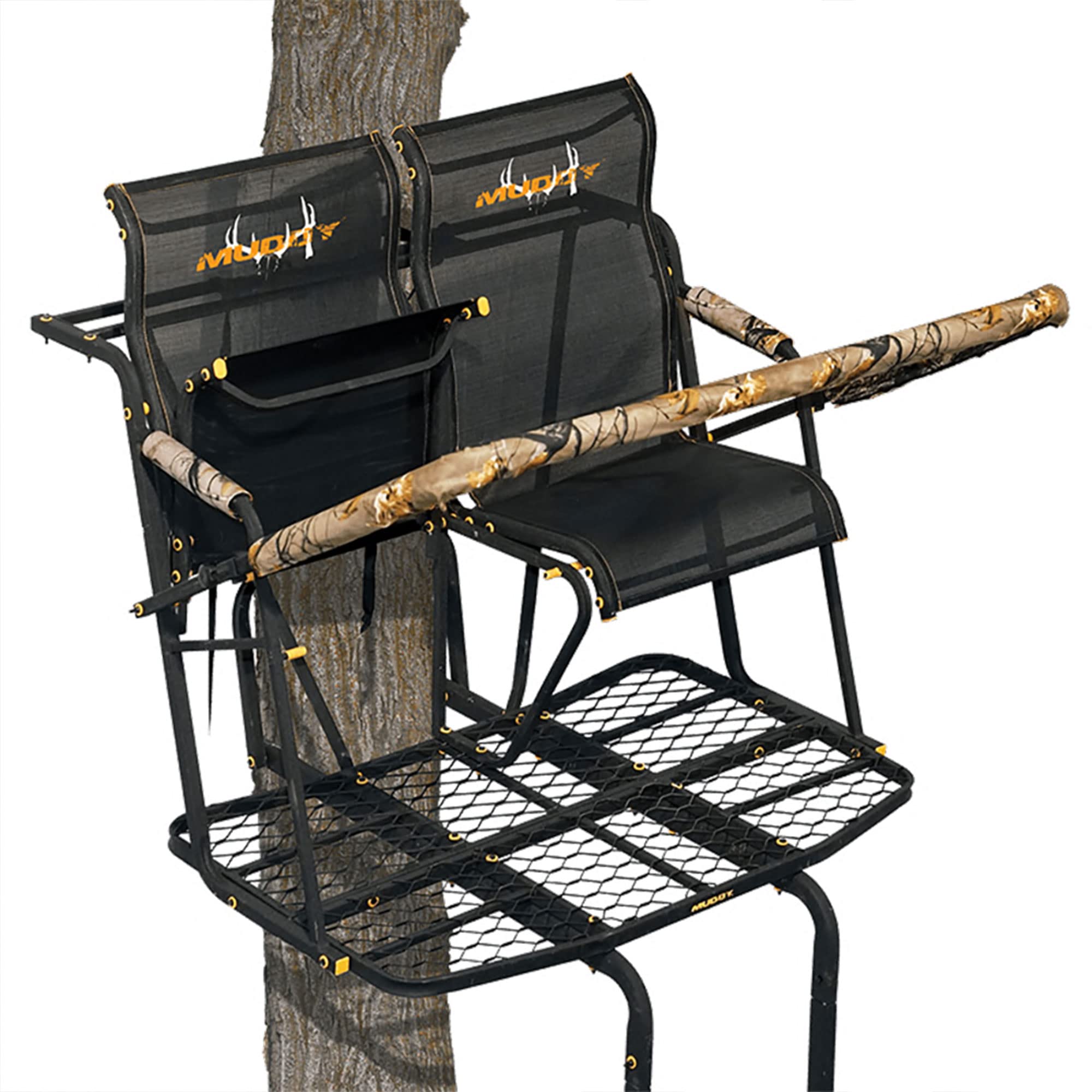 The Rebel MUDDY 2.5 Deer Hunting Ladderstand, 17 Foot 2 Person Climbing Tree Stand with Flex-Tek Seat, Armrests, Shooting Rail, & 45”W X 30”D Platform