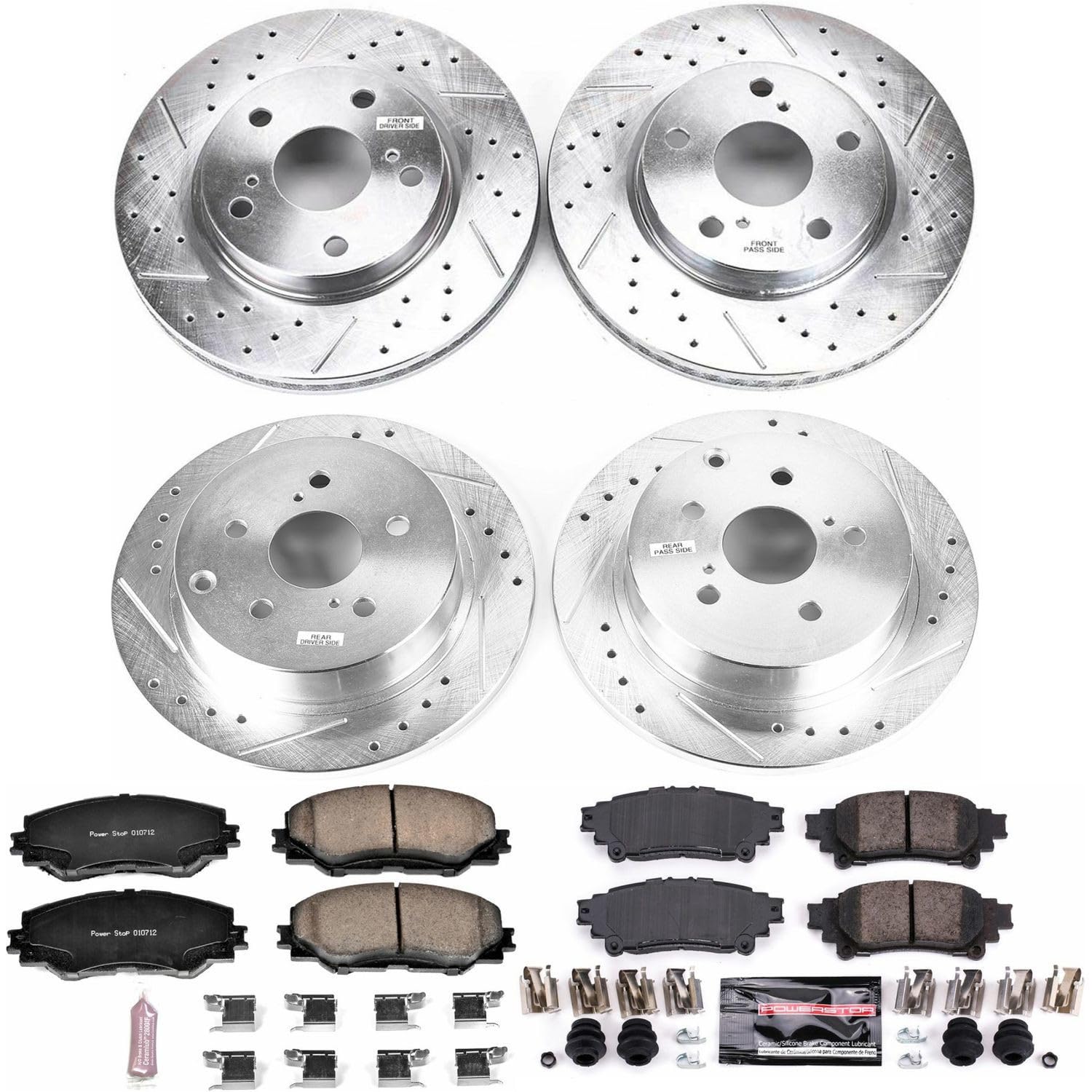 Power Stop K6763 Z23 Carbon Fiber Brake Pads Front and Rear with Drilled & Slotted Brake Rotors Kit For Toyota Prius V 2012-2017 [Model Specific]