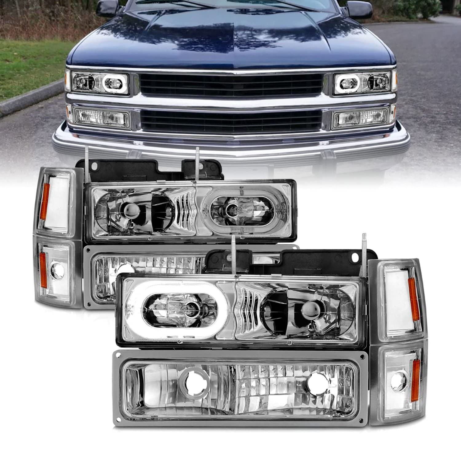 ANZO 88-98 Chevrolet C1500 Crystal Headlights Chrome Housing w/Signal and Side Marker Lights (111508)