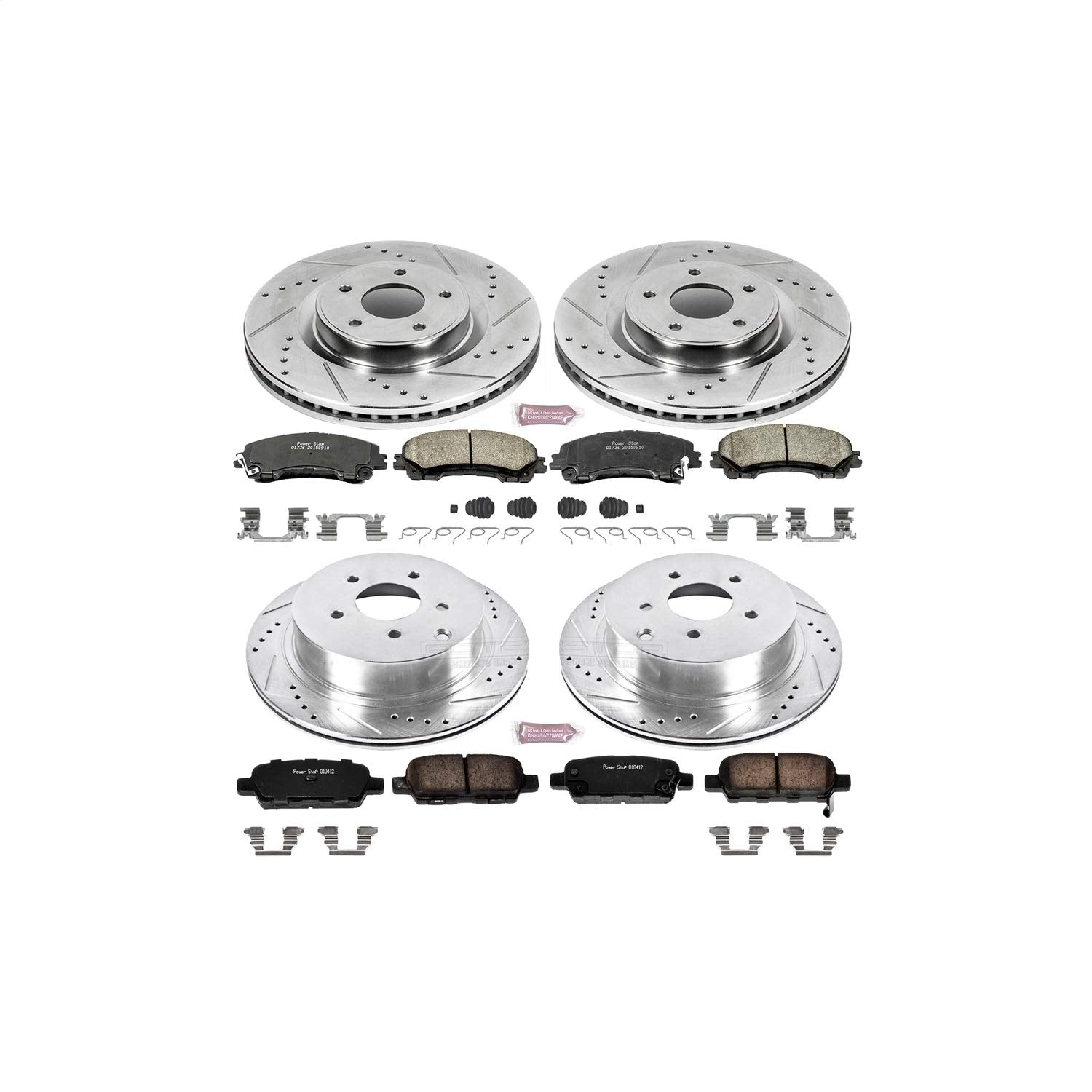 Power Stop K6943 Z23 Carbon Fiber Brake Pads Front and Rear with Drilled & Slotted Brake Rotors Kit