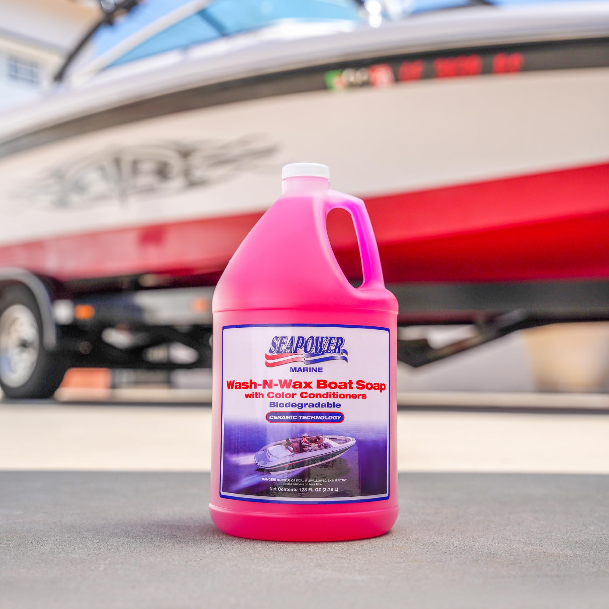 Wash-N-Wax Seapower Boat Soap: Highly Concentrated Carnauba Wax - Ceramic Formulation - Delivers a deep clean and glossy protected finish. - pH Neutral Formula. - Cherry Scent. 128 oz (1 Gallon)
