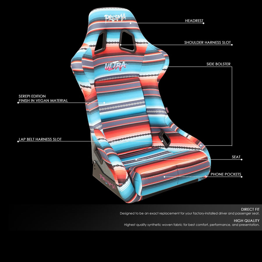 NRG Innovations Fixed Back Bucket Racing Seat Prisma with Bottom Mount Bracket, 24" W X 36" H X 18" D, Red White Blue Black Pink Serape Print, FRP-302-BAJACALI