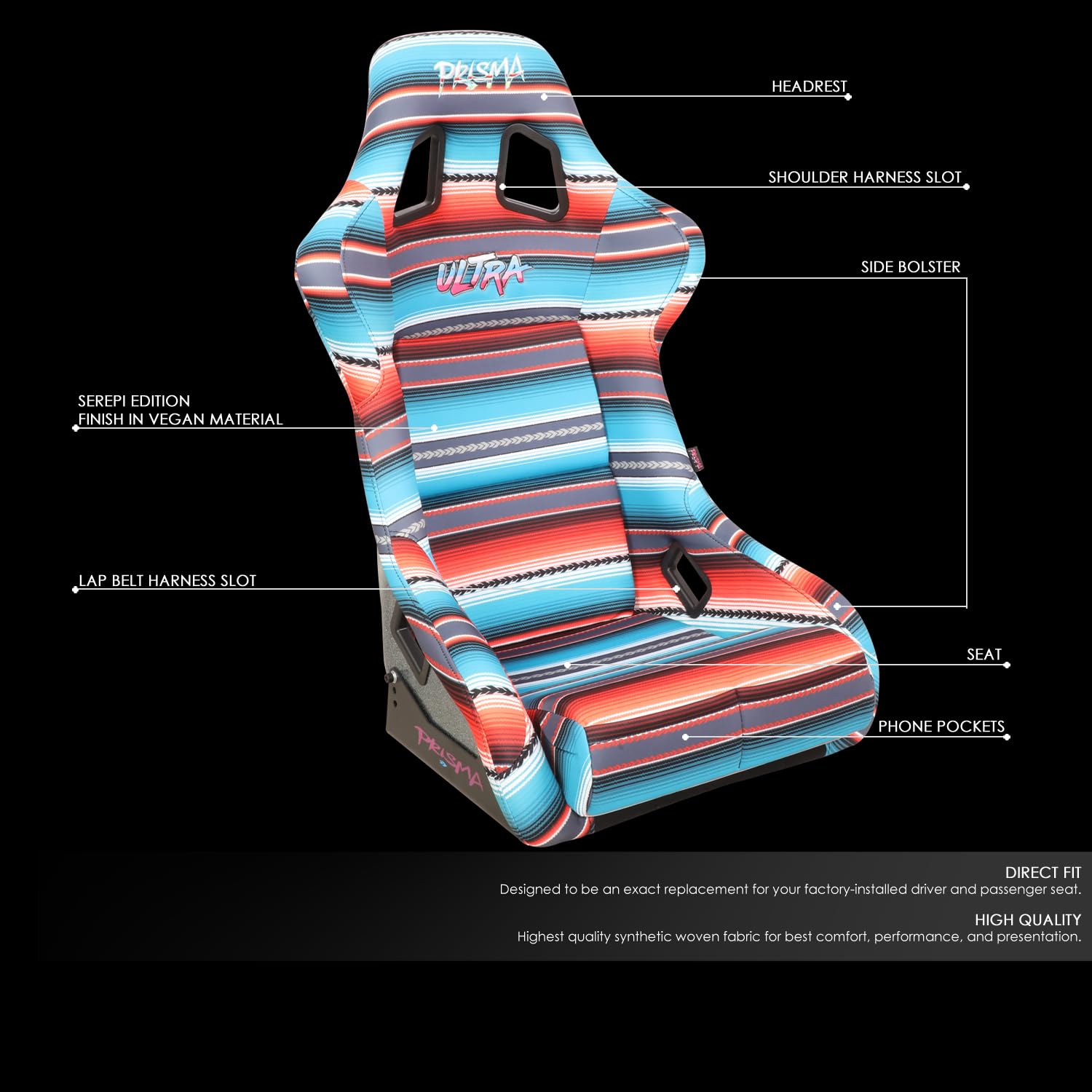 NRG Innovations Fixed Back Bucket Racing Seat Prisma with Bottom Mount Bracket, 24" W X 36" H X 18" D, Red White Blue Black Pink Serape Print, FRP-302-BAJACALI