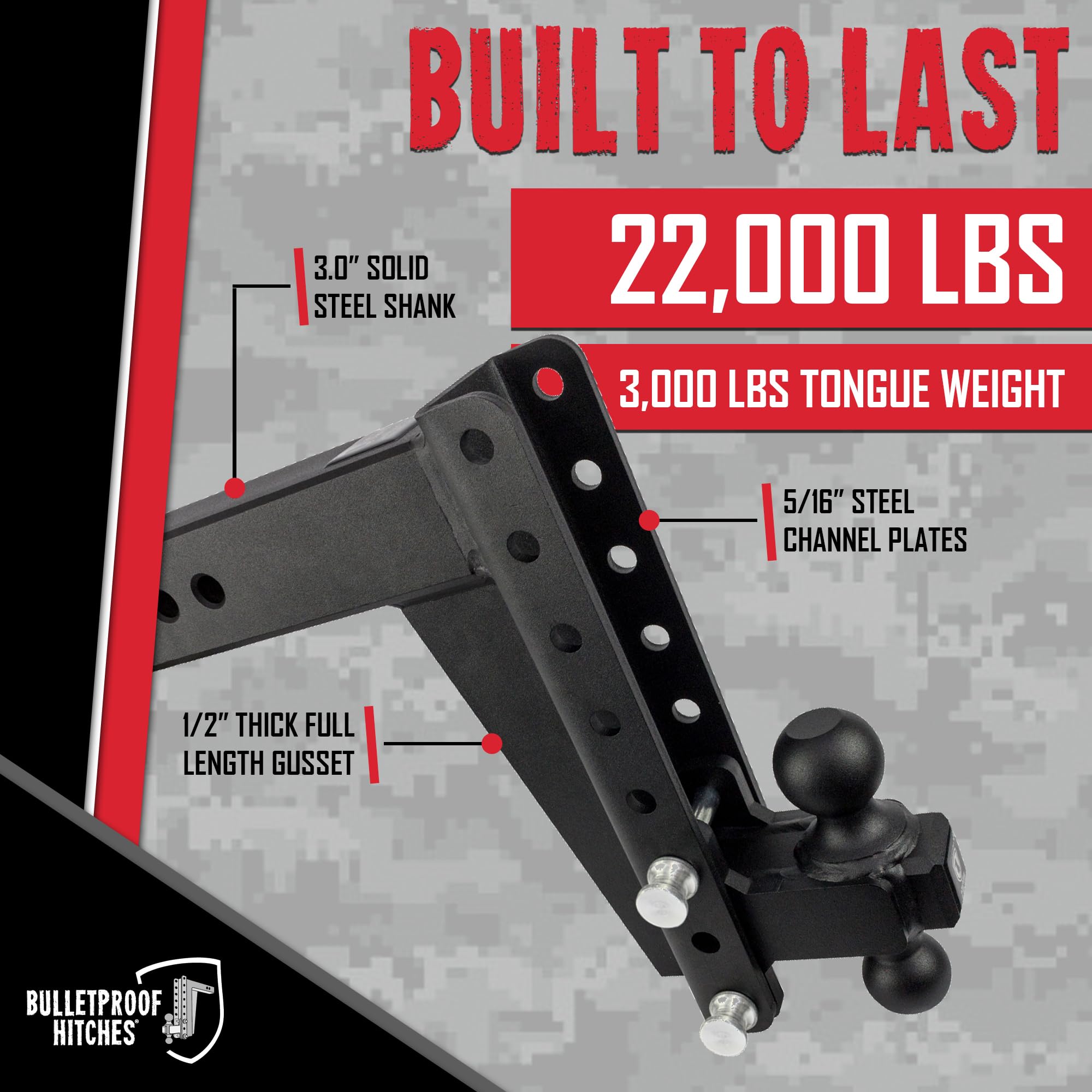 3.0" Adjustable Heavy Duty Trailer Hitch - BulletProof Hitches (22,000 lb. Rating) - 10" Drop/Rise Trailer Hitch with 2" & 2-5/16" Dual Ball - Powder Coat, Solid Steel, Corrosion-Resistant
