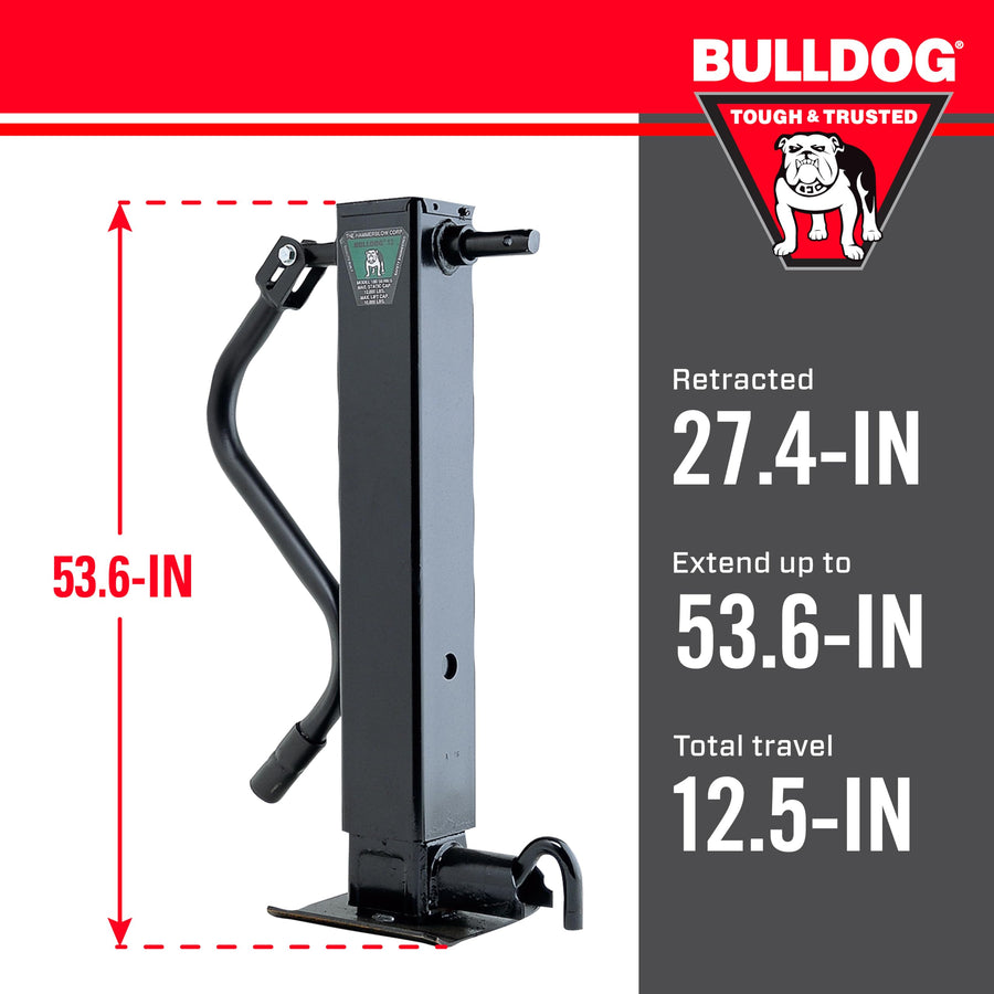Bulldog HD Square Trailer Jack 182804, 12,000 lbs. Support Capacity, Sidewind, 12-1/2 Inch Travel, Direct Weld - Spring Return, Drop Leg Pull Pin to The Side, Handle Inc.