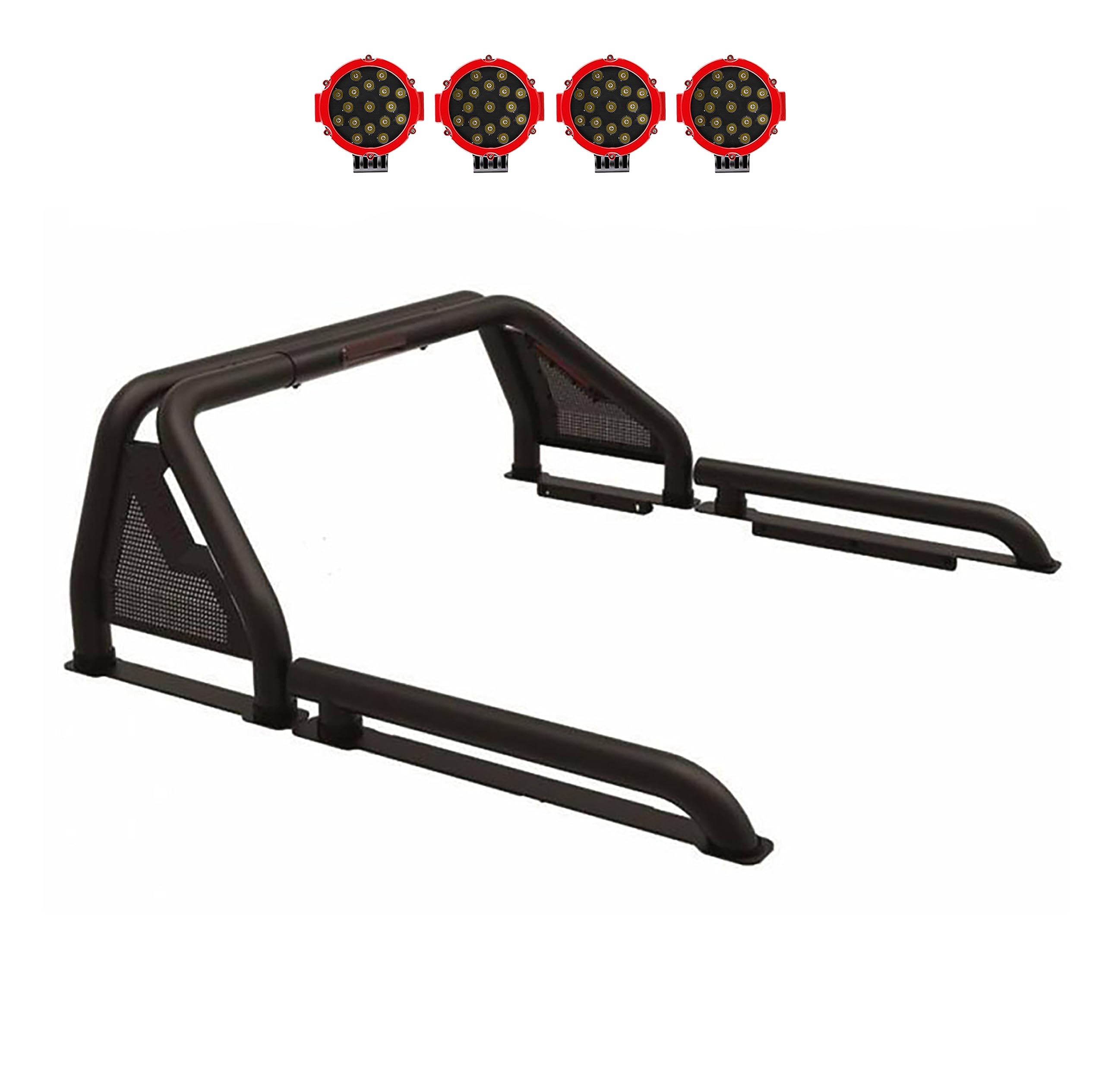 Gladiator Roll Bar Black Horse Incl. Pair of 7.0" Dia. Led Lights w/Red Trim Rings Modular Black Compatible with Universal Roll Bar for 1/2 Ton Trucks (GM-Ford-Dodge- Tundra) -GLRB-01B-PLR