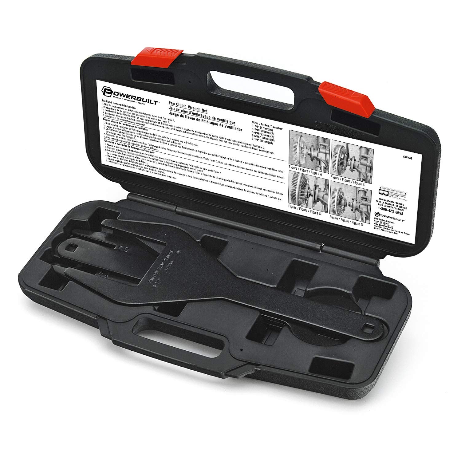 Fan Clutch Wrench Kit Powerbuilt, 4 Piece, Remove Fan Clutches, Ford, Chrysler, Jeep, Some Import Vehicles, Storage Case - 648746, Black