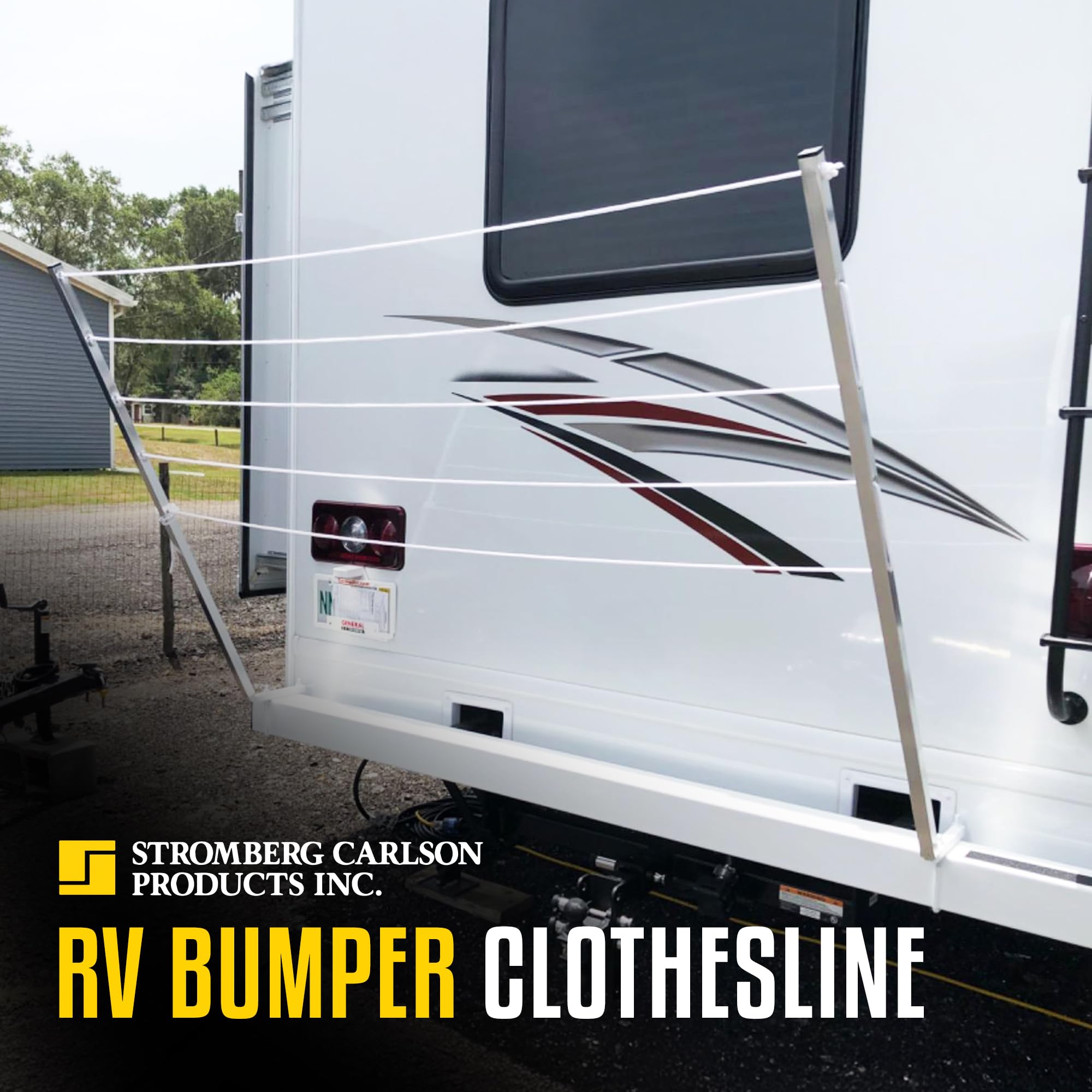 Stromberg Carlson Bumper Mounted CL-100 Clothesline - 48" aluminum foldable travel drying rack for RV Bumper, camper, and outdoor use; 84" hanging space, ideal RV clothesline and camping laundry rack.