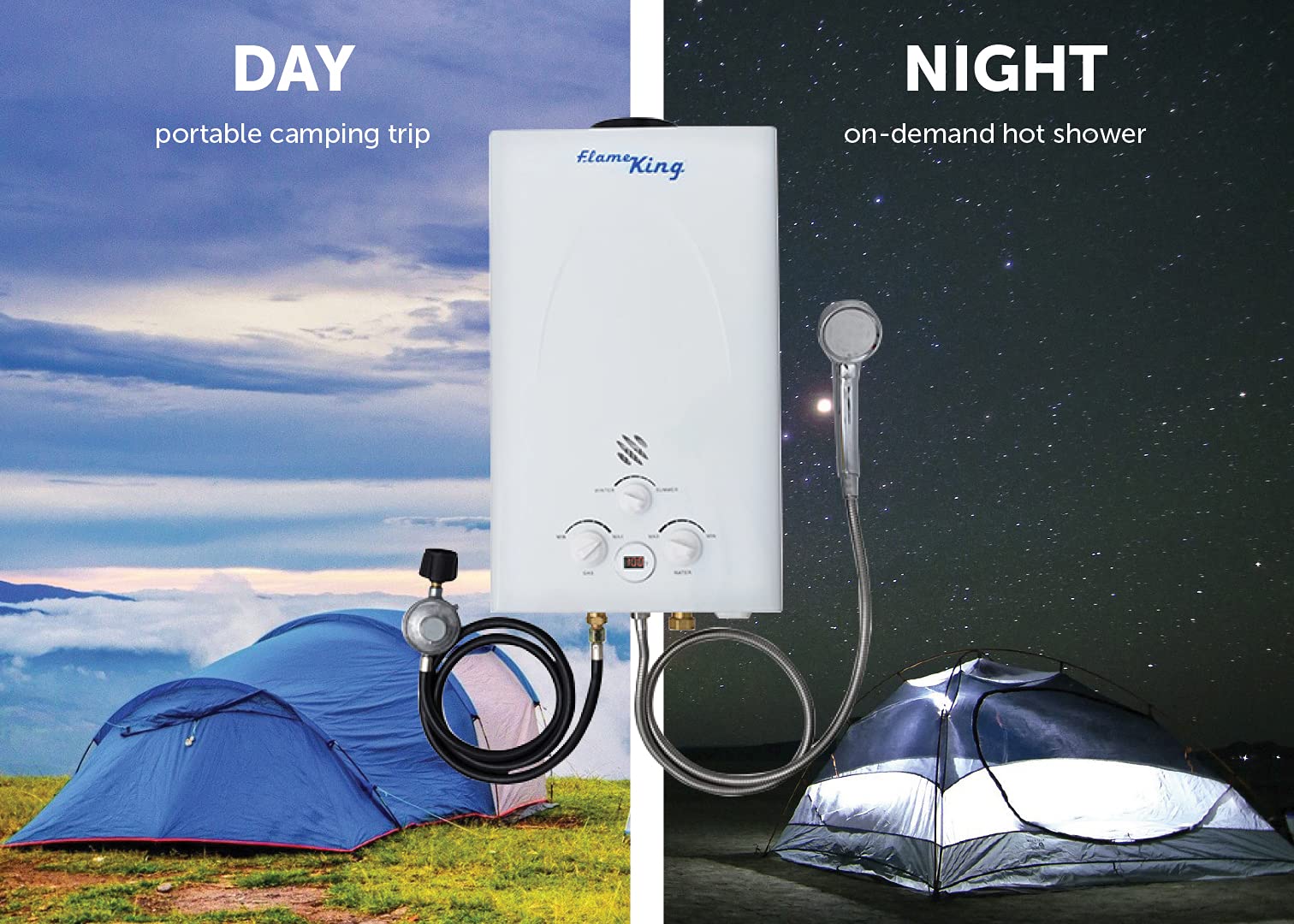 Flame King Tankless Portable Water Heater Propane Gas 10L 2.64 GPM at 68,000 BTU, Outdoor Instant Hot Water Shower for RV, Camping, Farm, Cabins